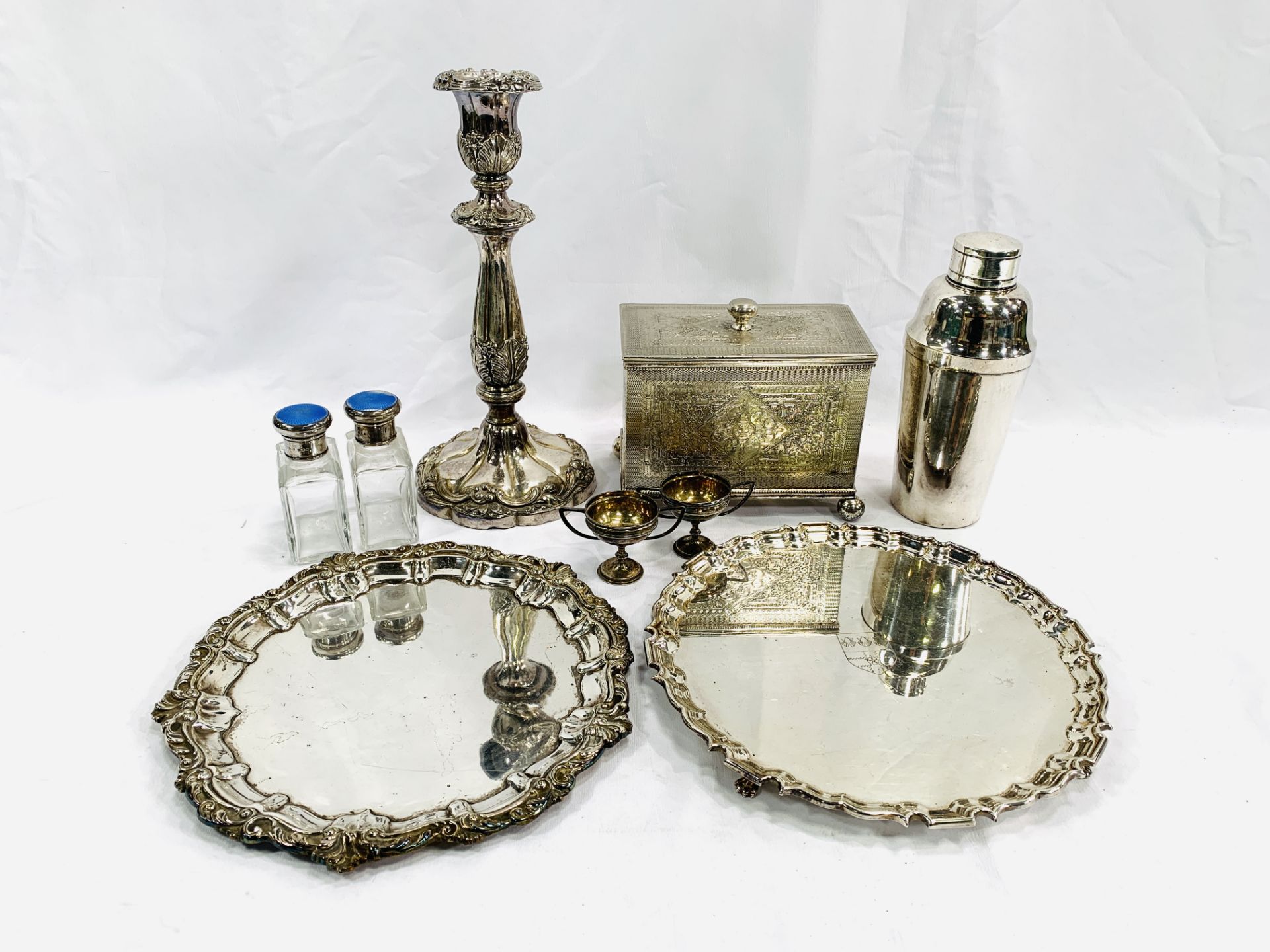 Silver plate tea caddy and other silver plate