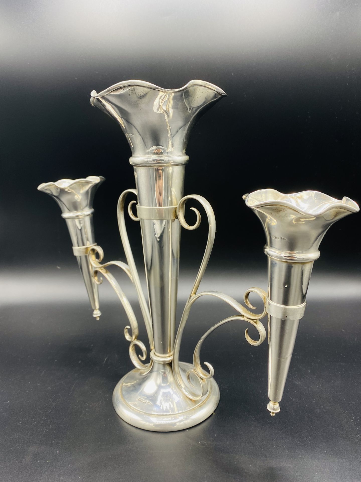 Silver three branch epergne by Walker & Hall, and three silver vases - Image 5 of 9