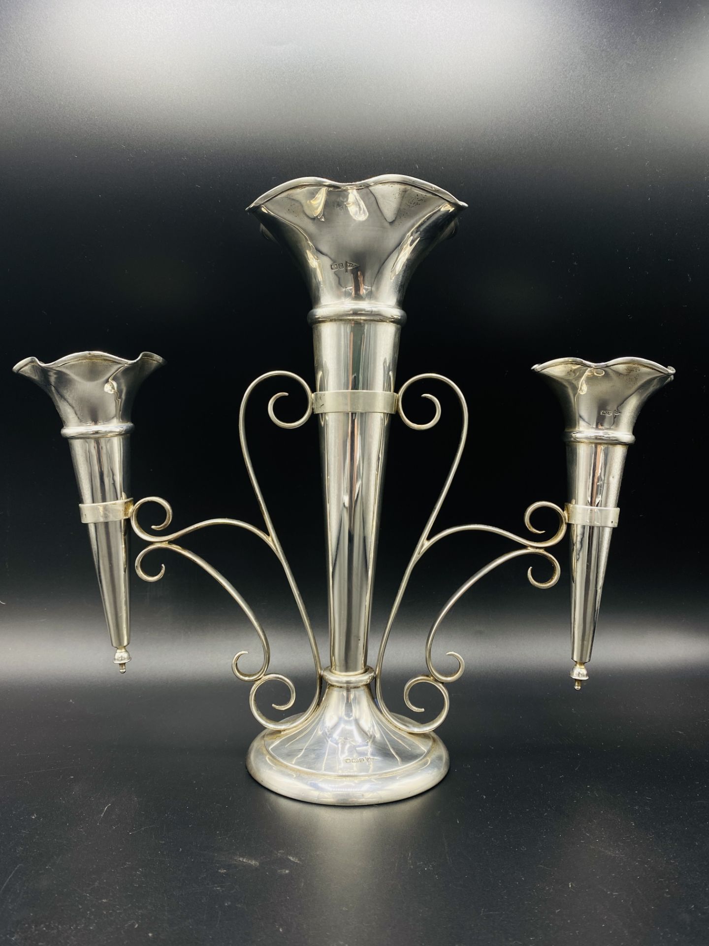 Silver three branch epergne by Walker & Hall, and three silver vases - Image 2 of 9