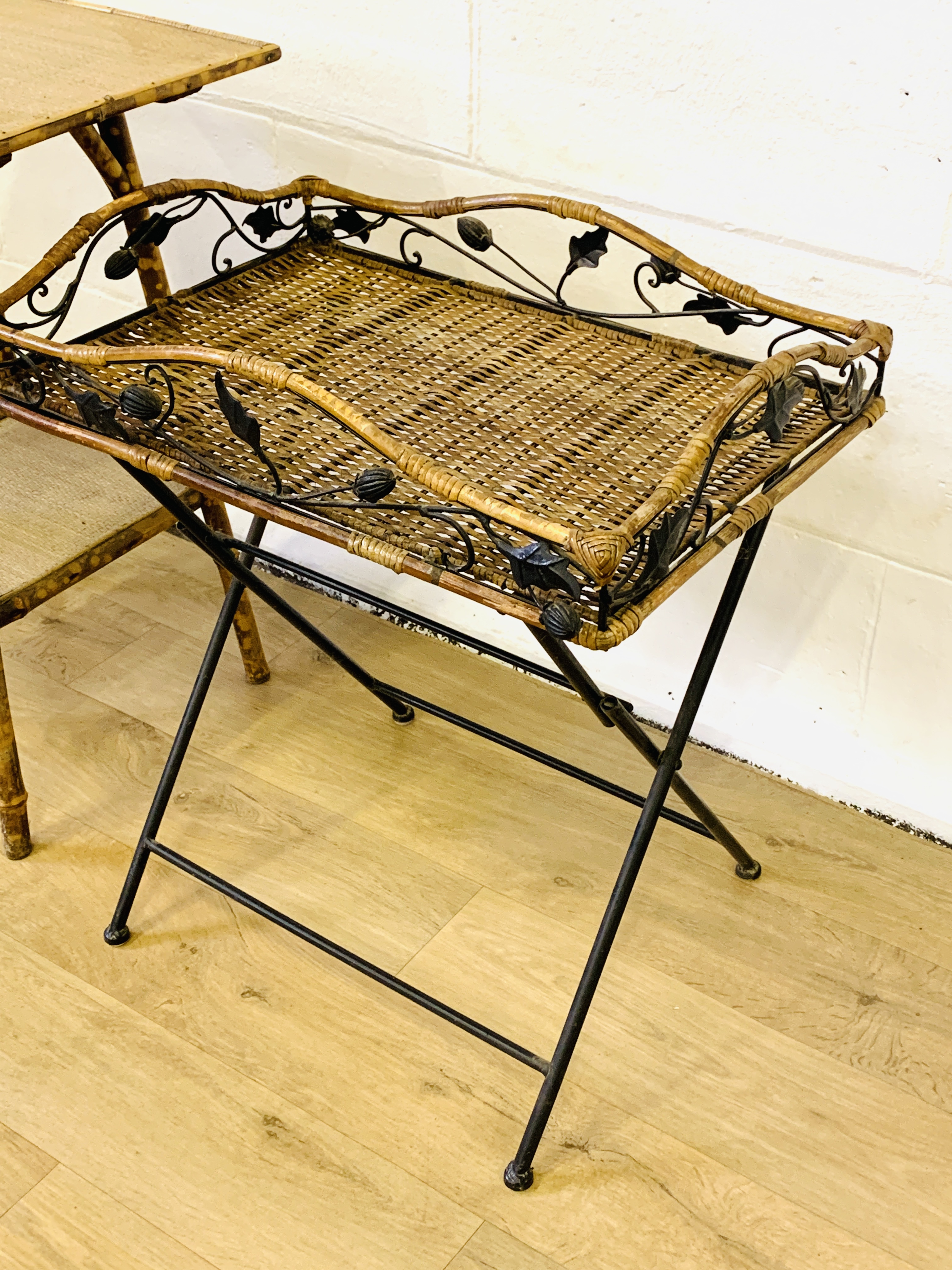 A bamboo side table and a folding metal table with wicker top - Image 4 of 4