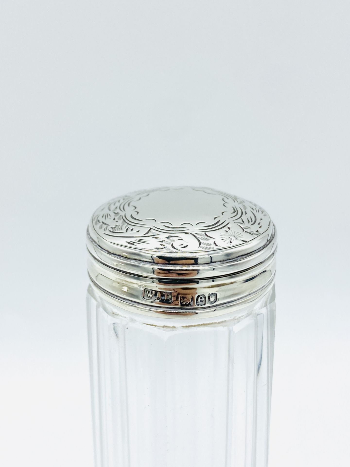 Four glass pots/bottles with hallmarked silver tops, with two silver trinket boxes - Image 3 of 9