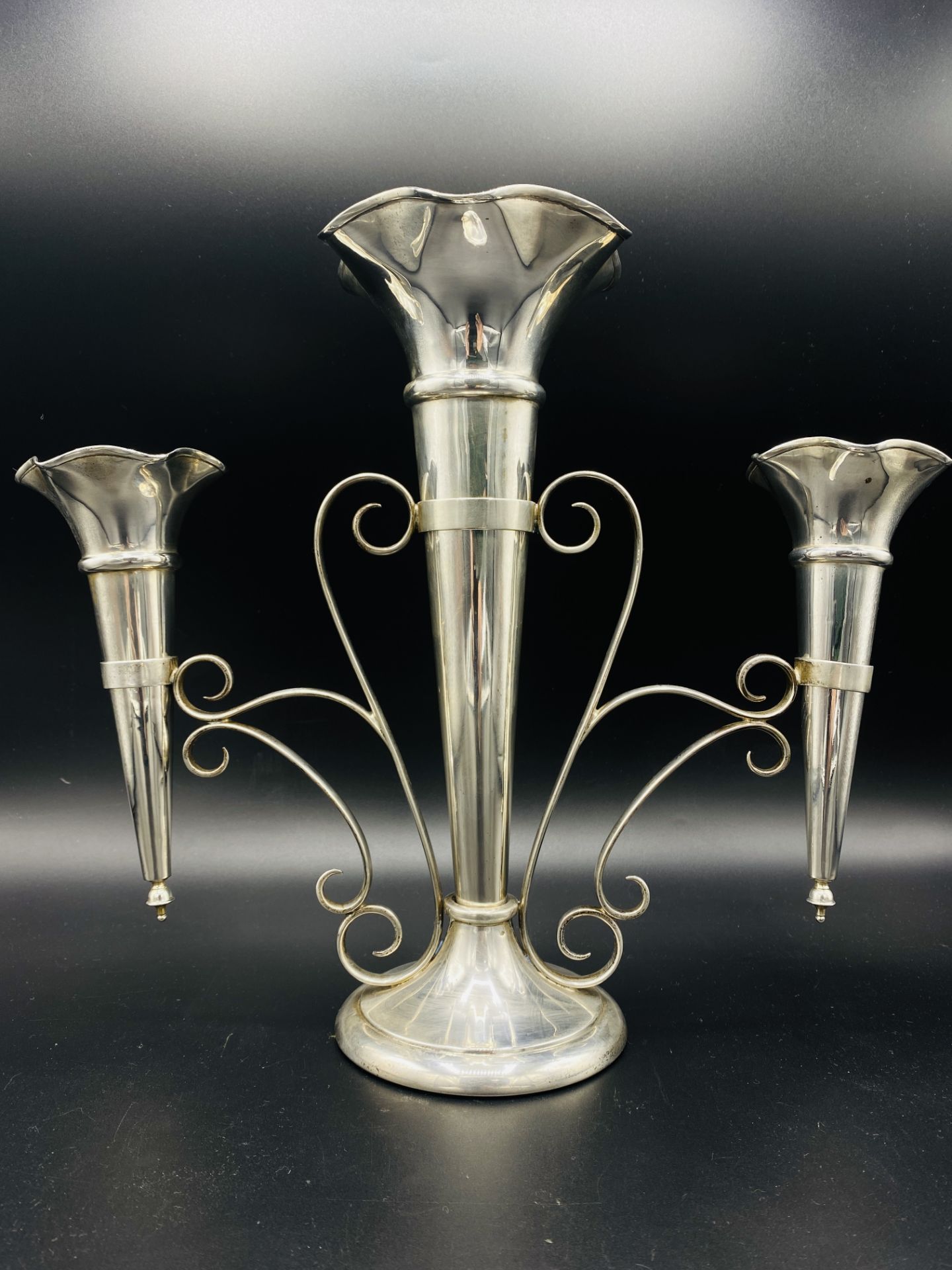 Silver three branch epergne by Walker & Hall, and three silver vases - Image 3 of 9