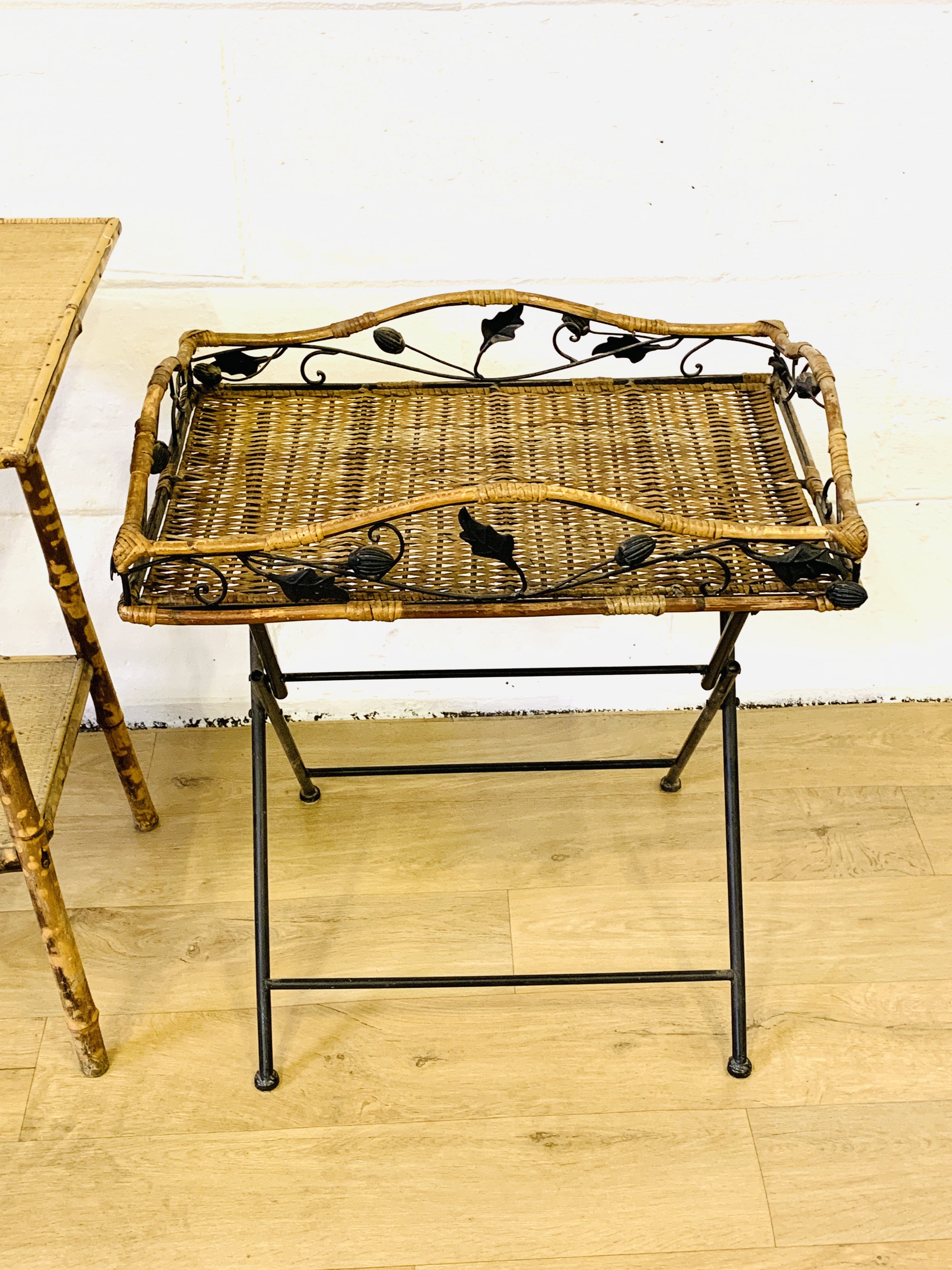 A bamboo side table and a folding metal table with wicker top - Image 2 of 4