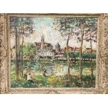 Margaret Fisher Prout A.R.A, R.W.S.(1875-1963) "View of Moret" gilt framed oil on board