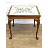 Mahogany framed side table with glazed embroidered panel to top