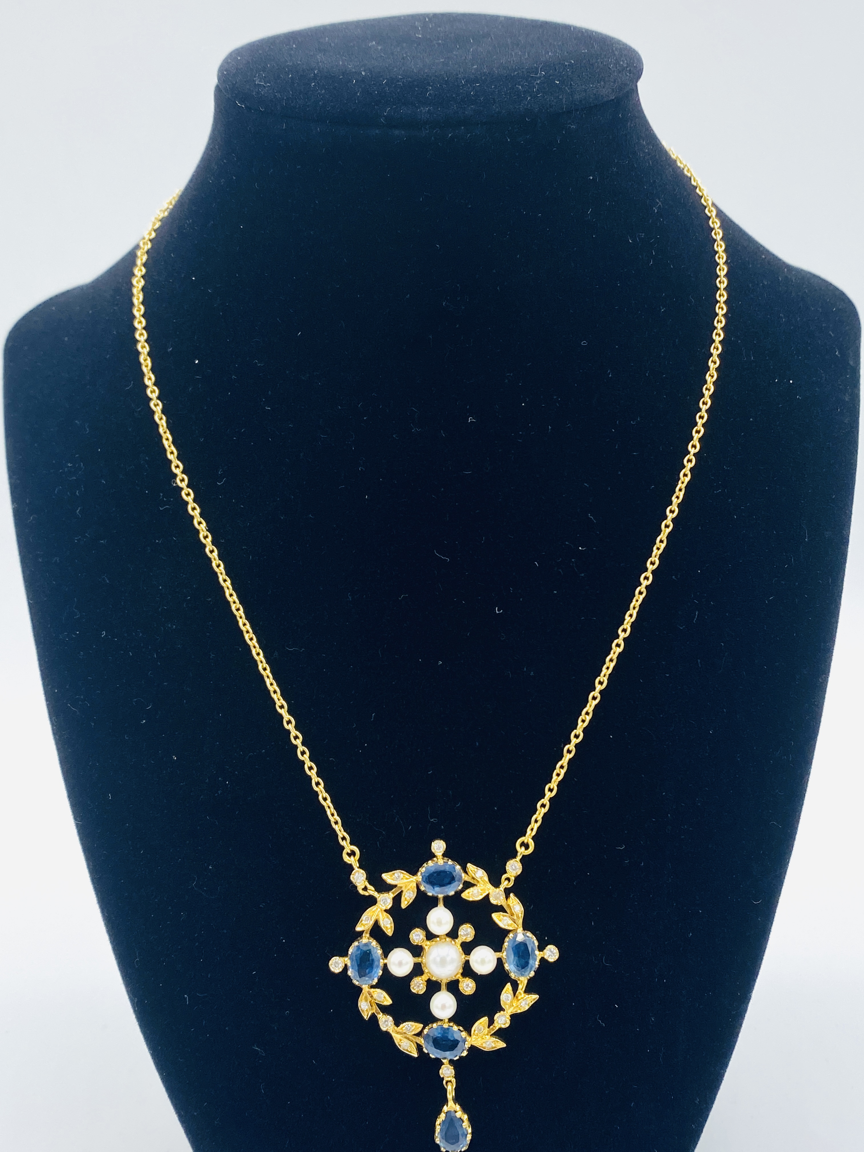 Pearl, sapphire and diamond wreath shaped pendant mounted on 18ct gold, with 18ct gold chain. - Image 3 of 5