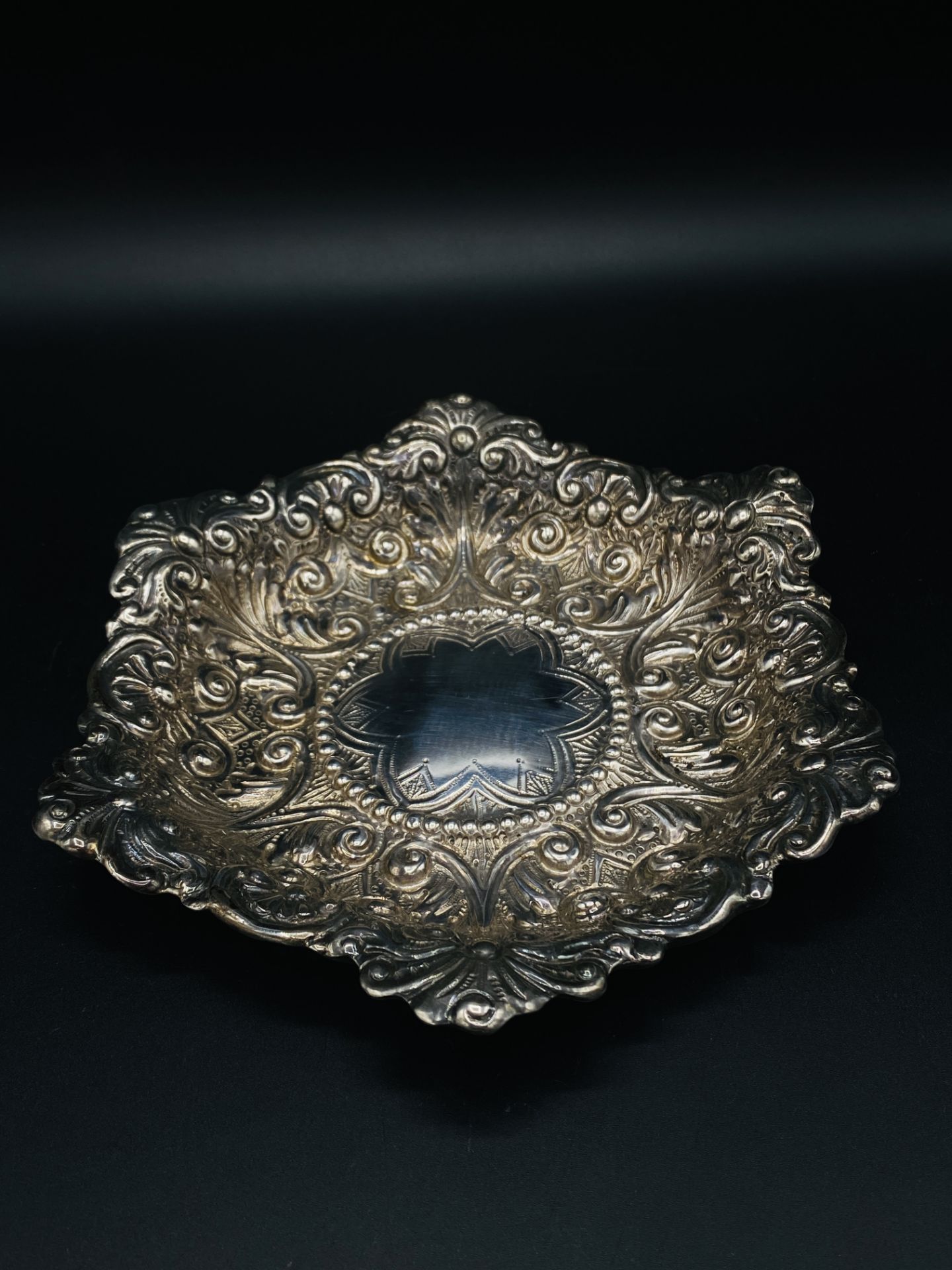 Late Victorian silver repousse decorated dish, and another silver dish - Image 2 of 4