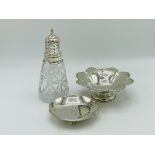Cut glass sugar sifter and other silver