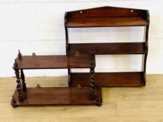 Wall mounted whatnot; together with a wall mounted mahogany set of three shelves