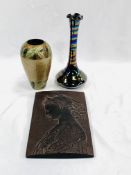 A Murano vase, a brass and enamel vase and a plaque of a lady's profile