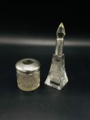 Art Deco style lead crystal scent bottle with silver top, and a hallmarked silver topped glass pot