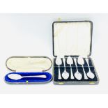 Boxed set of six silver grapefruit spoons, Sheffield 1937, and a boxed silver spoon, London 1907