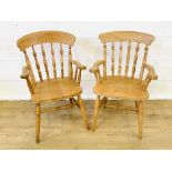 Two pine Windsor open armchairs