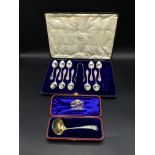 Set of ten silver teaspoons and a pair of sugar tongs, and a silver sugar sifter spoon
