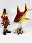 A Murano glass clown and fish