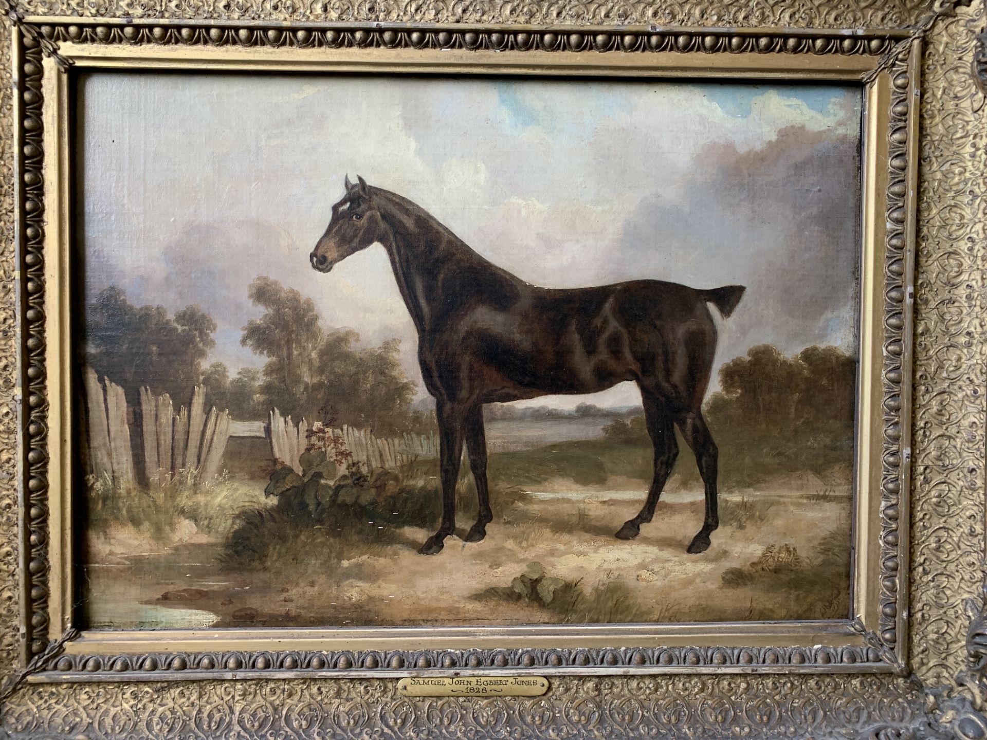 Framed oil on board of a horse, plaque written Samuel John Egbert Jones - Bild 5 aus 6