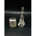 Art Deco style lead crystal scent bottle with silver top, and a hallmarked silver topped glass pot