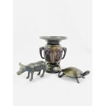 A Meiji period bronze vase together with two bronze animals