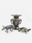 A Meiji period bronze vase together with two bronze animals