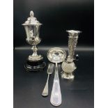 Arts and Crafts style silver bud vase, Victorian silver and cut glass cruet mill, and other items