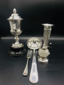 Arts and Crafts style silver bud vase, Victorian silver and cut glass cruet mill, and other items