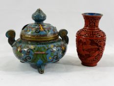 A cloisonne censer and a cinnabar vase