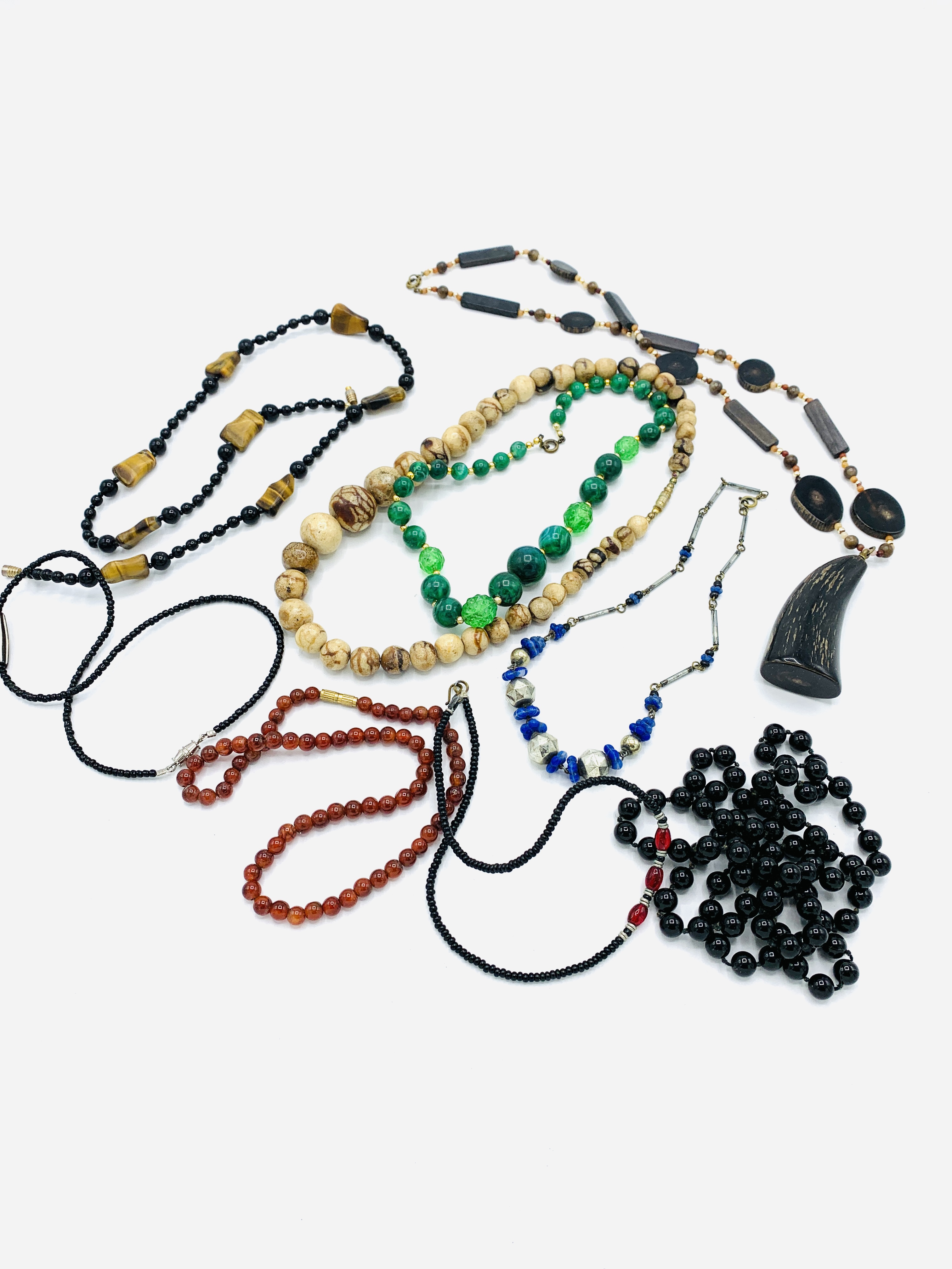 Nine various bead necklaces