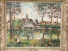 Margaret Fisher Prout A.R.A, R.W.S.(1875-1963) "View of Moret" gilt framed oil on board