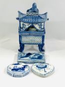 Blue and white koro, together with three oriental lids