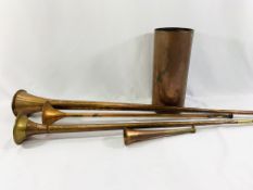 Four copper and brass coaching and hunting horns