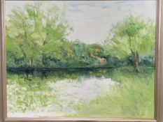 Framed oil on canvas of a lakeside scene