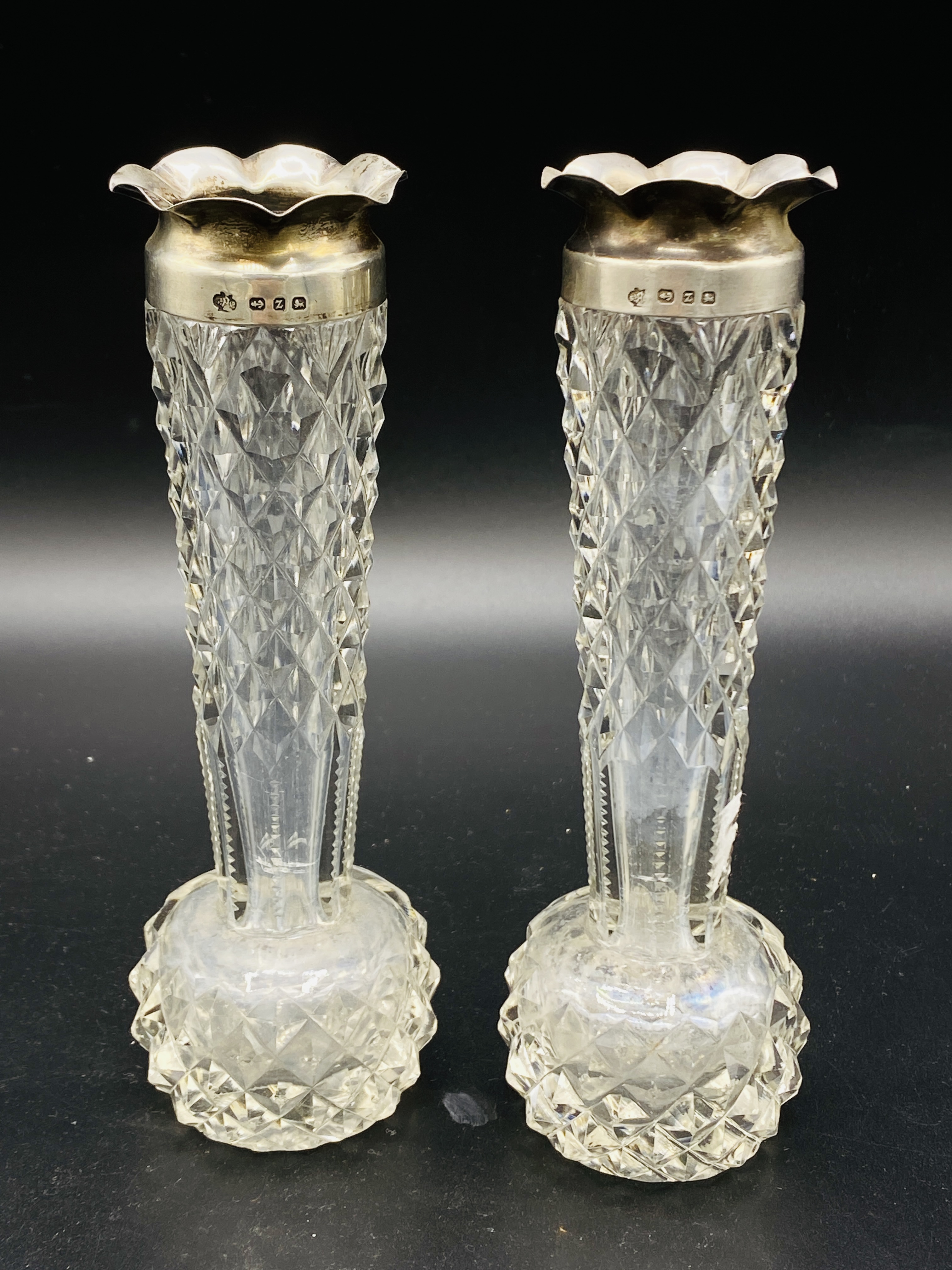 A pair of Victorian cut glass spill vases with silver rims and a pair of silver cased opera glasses - Image 2 of 4