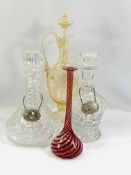 Two glass decanters, a glass ewer and glass vase