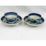 Two blue and white tea bowls and saucers