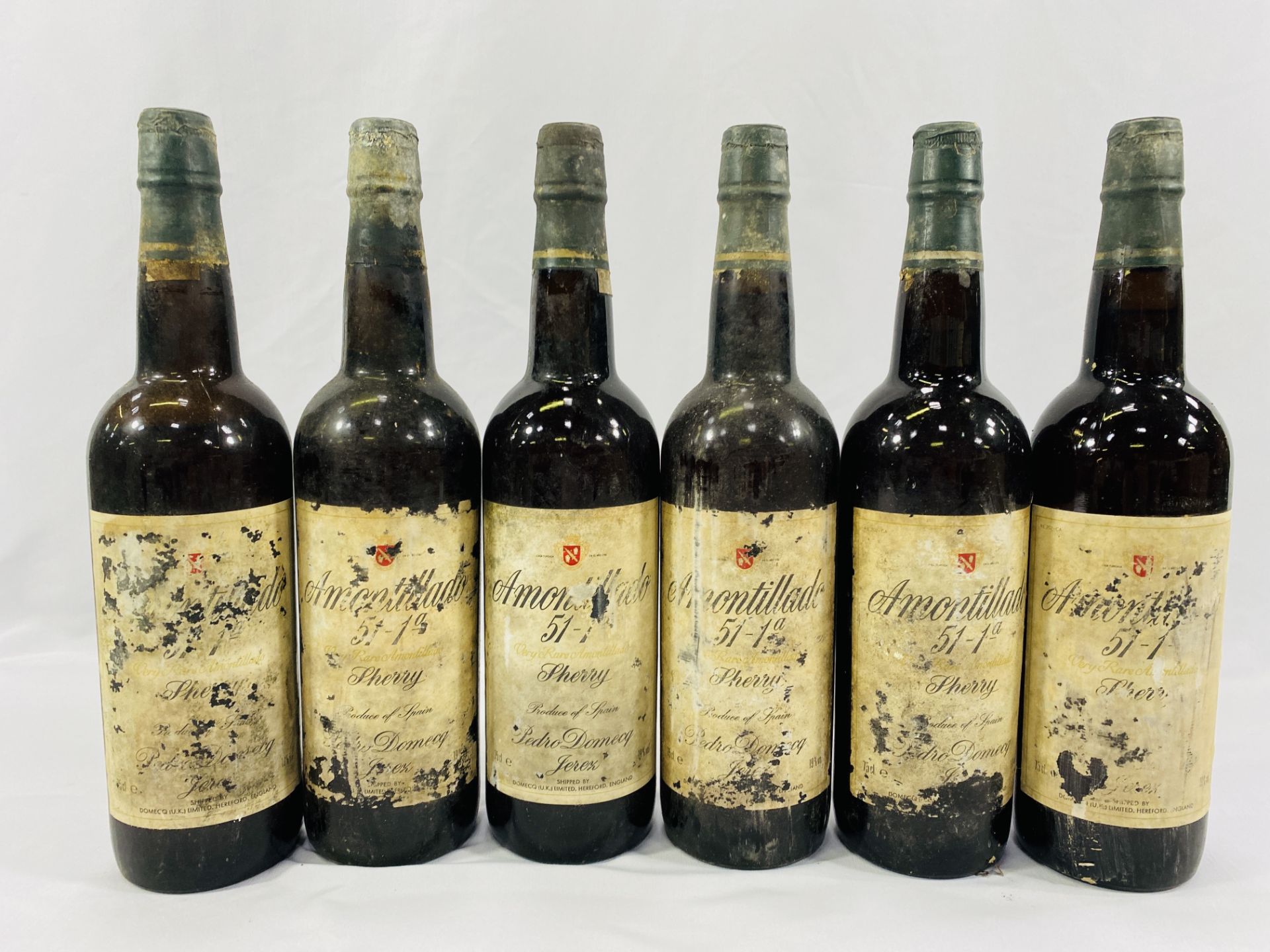 Six bottles Pedro Domecq Amontillado 51-1a sherry