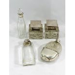 A cut glass flask together with other silver plate and glass items