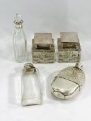 A cut glass flask together with other silver plate and glass items