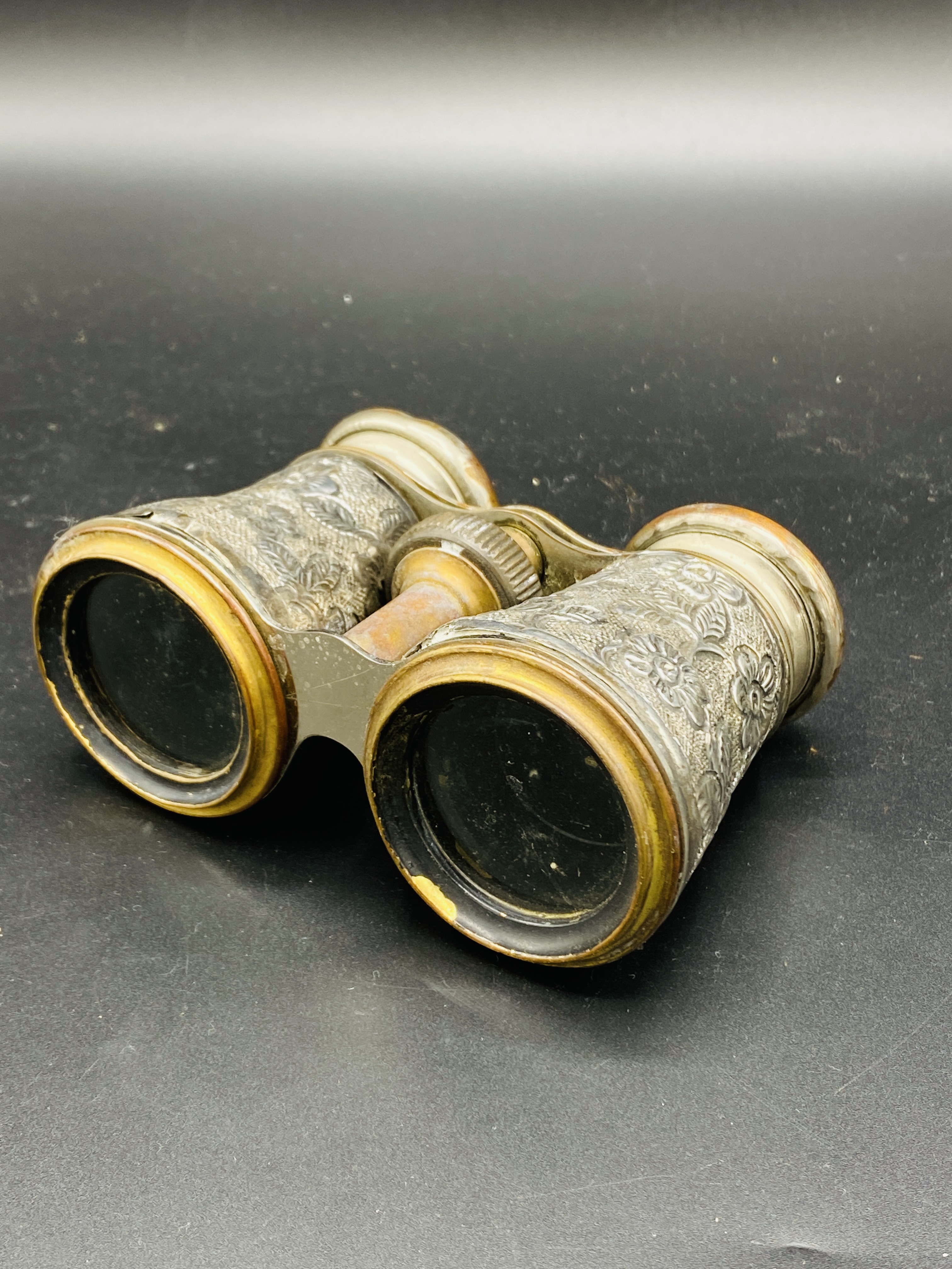 A pair of Victorian cut glass spill vases with silver rims and a pair of silver cased opera glasses - Image 4 of 4