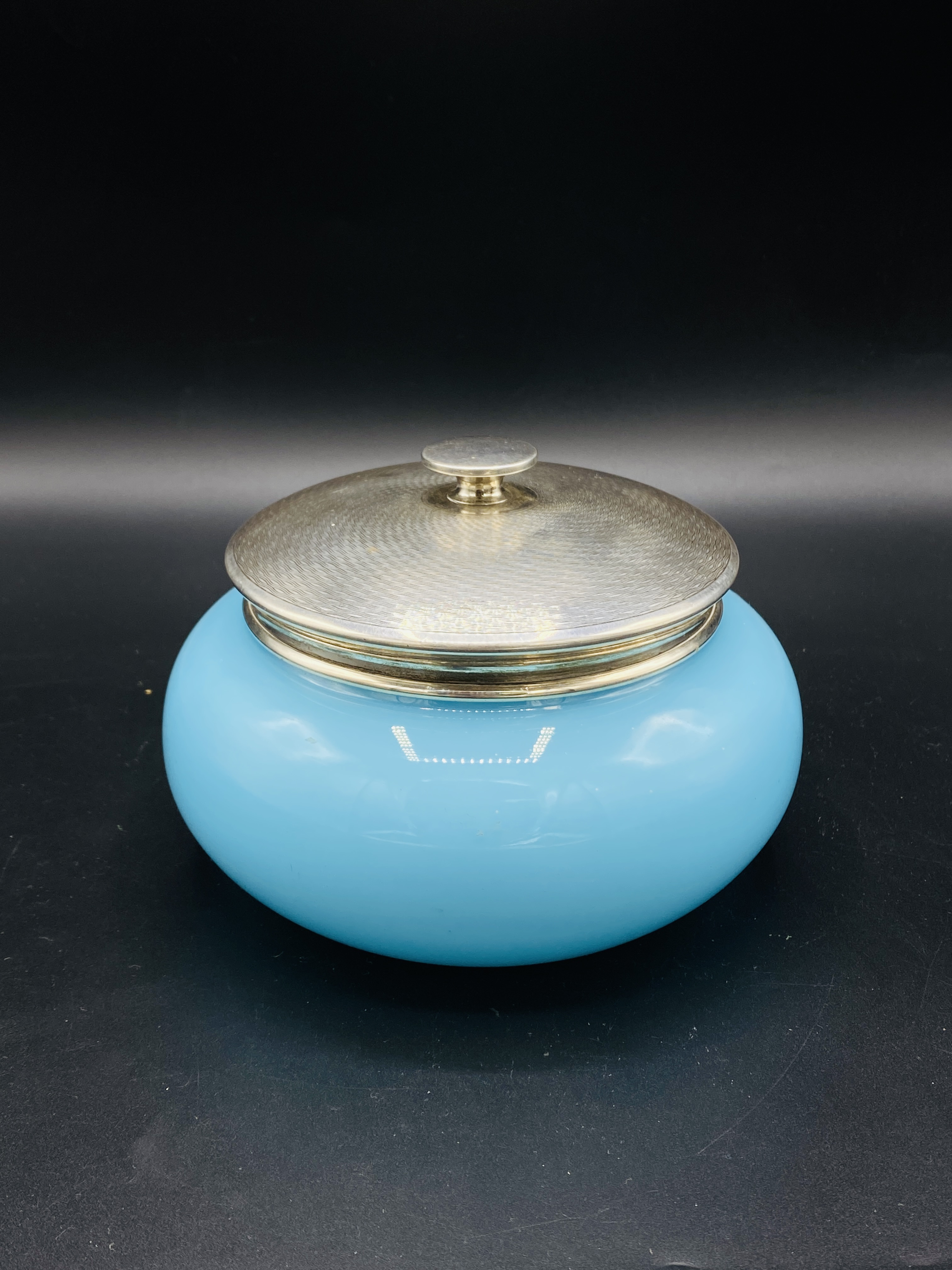 Light blue glass bowl with silver lid - Image 2 of 5