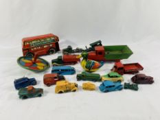 A tinplate clockwork duck and bus, together with a quantity of diecast cars and vans