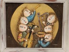 Oil on board of a musical sextet