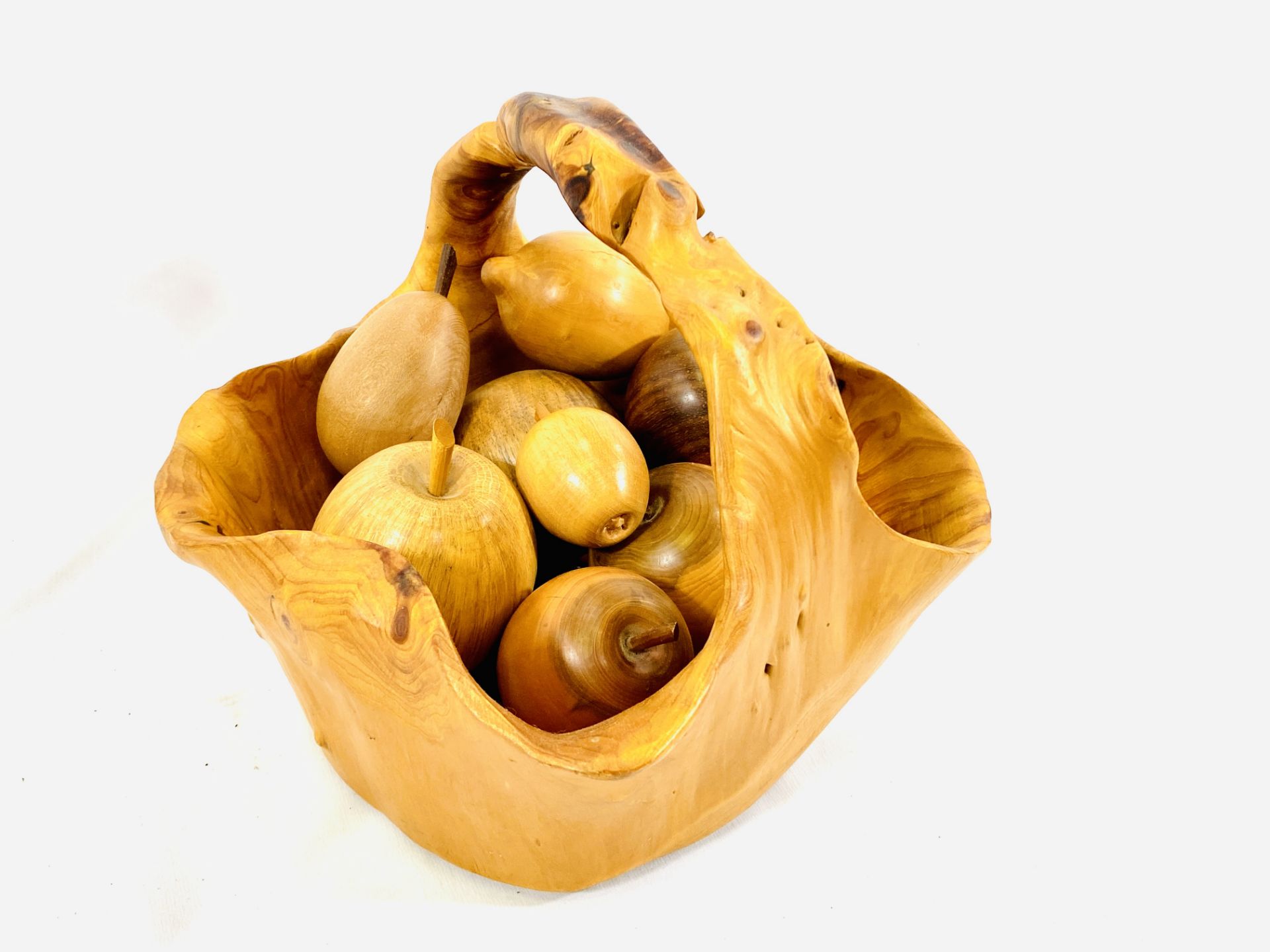 Fruitwood basket with eight turned wood fruits