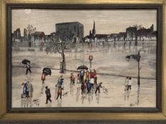 Framed mixed media painting of a winter scene