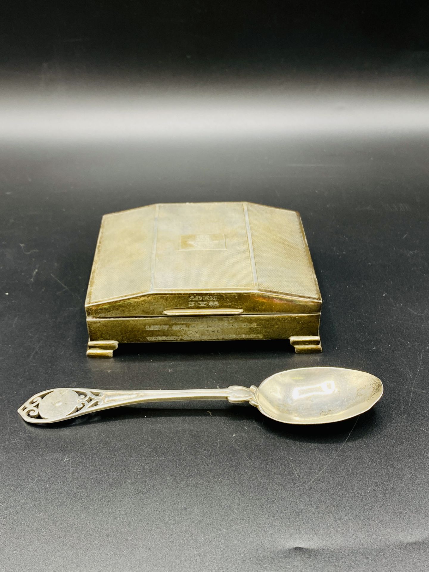 Silver cigarette box and spoon