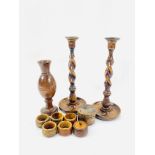 A pair of oak barley twist candlesticks and other items
