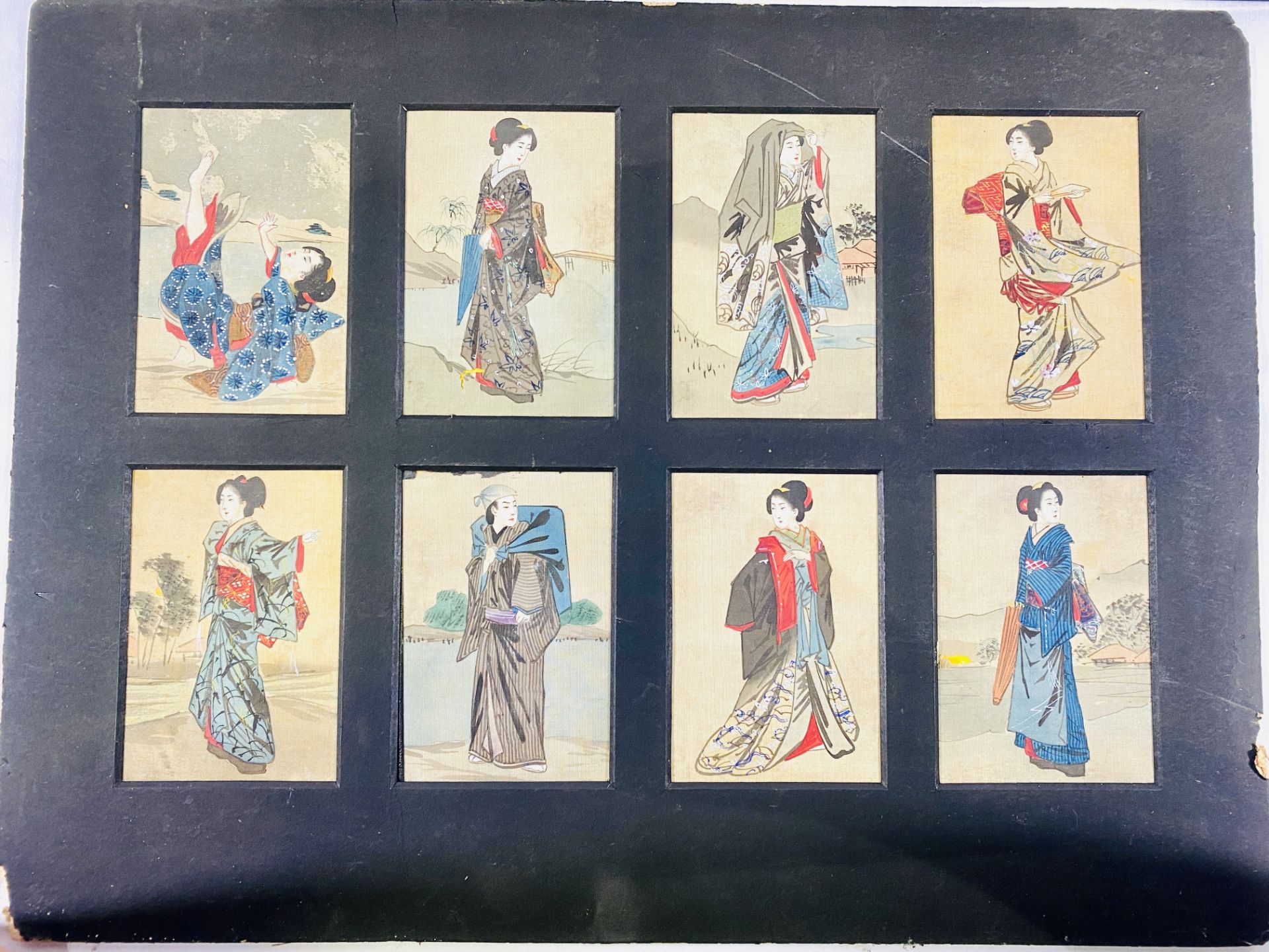 Set of eight hand painted Oriental figures on fabric - Image 2 of 4