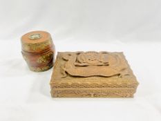 Asian carved wood box together with a wood barrel