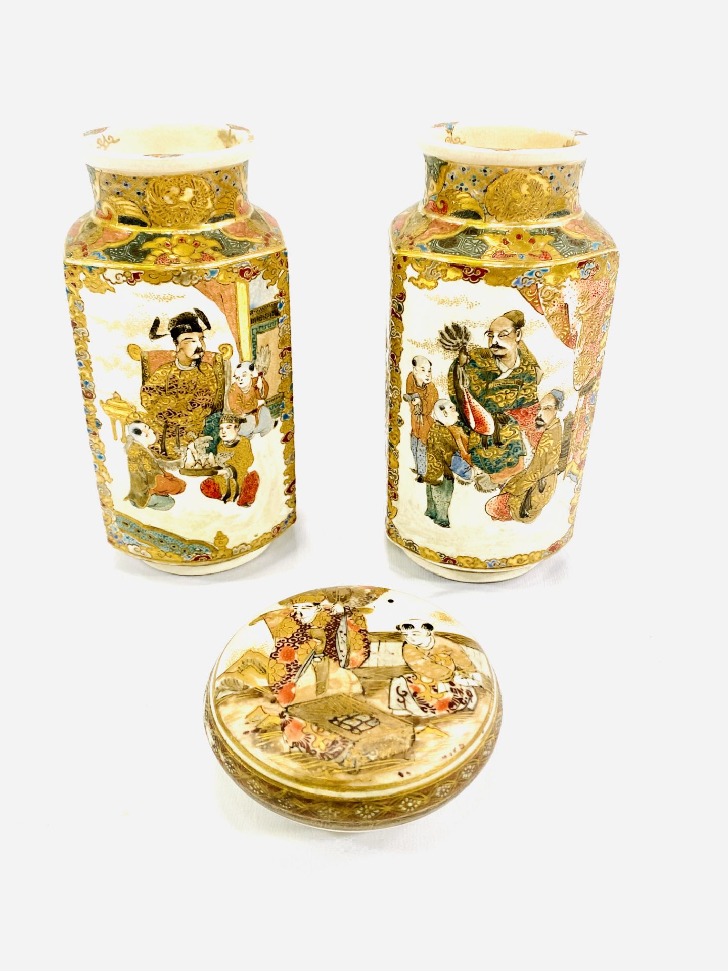 A pair of Satsuma vases together with a Satsuma lidded dish - Image 10 of 12