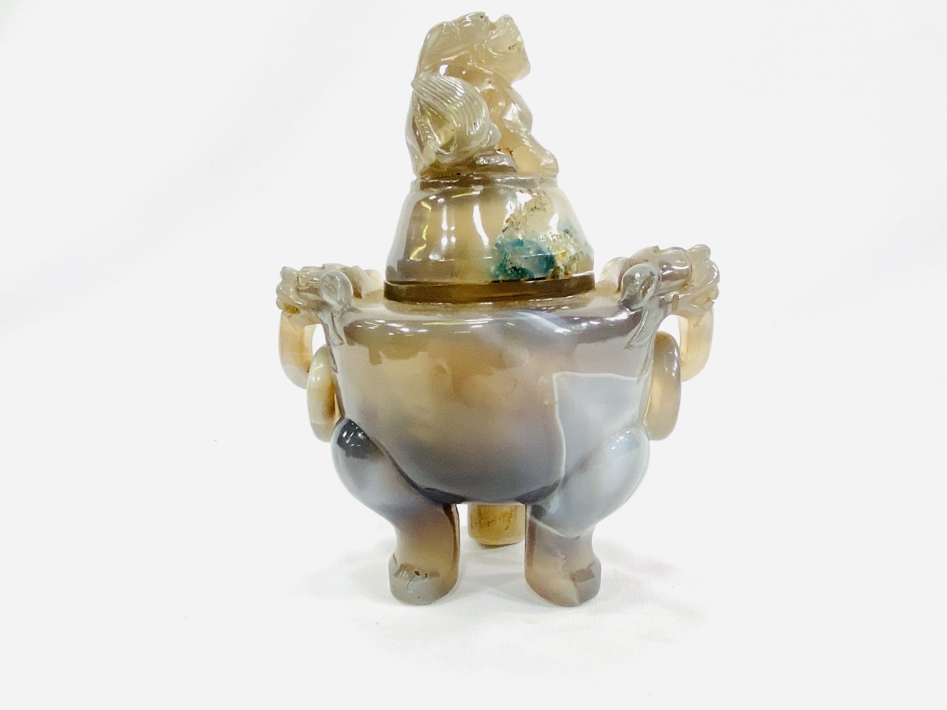 Jade lidded pot together with two carved stone Oriental figures - Image 2 of 9