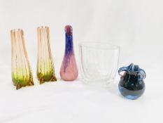 Glass vase together with four pieces of art glass